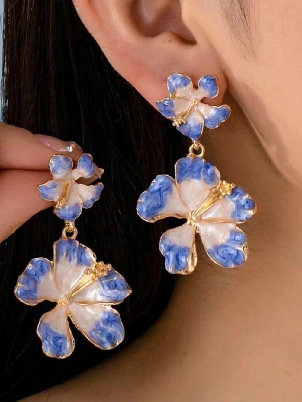 Blue Floral Drop Earrings - Women Jewelry
